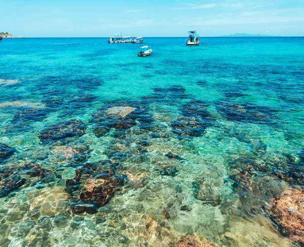 Körfez manzarası ve adadaki kayalar ve Koh Tao 'nun berrak sularındaki kayıklar..