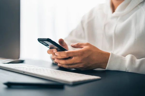 Man Working Computer Desk Smartphone Home Office — Fotografia de Stock