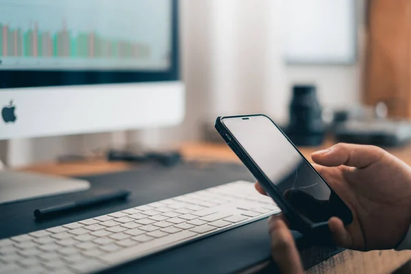 Man Working Computer Desk Smartphone Home Office — Fotografia de Stock