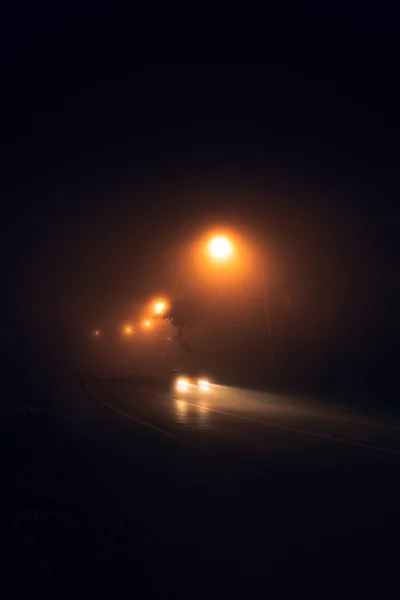 Fog Night Road Orange Trees Night Road — Foto de Stock