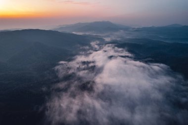 Dağların manzarası, Tepedeki ormanda sabah sisi ve bulutları