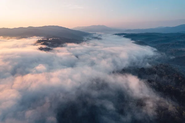 Vista Panorámica Las Montañas Niebla Matutina Nubes Bosque Montañoso — Foto de Stock