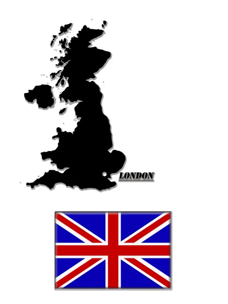 Mappa nera della Gran Bretagna e della sua bandiera — Foto Stock