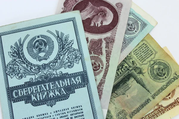 Livro de poupança-banco de banco da URSS e os rublos soviéticos — Fotografia de Stock