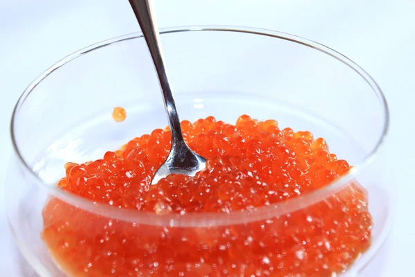Caviar vermelho em uma chapa com a colher — Fotografia de Stock