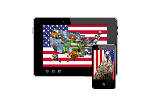 Tablet und modernes Handy mit den Symbolen der USA — Stockfoto