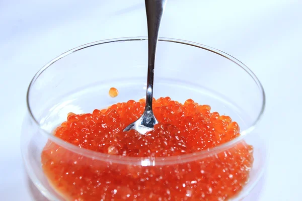 Red caviar in a plate with the spoon — Stock Photo, Image