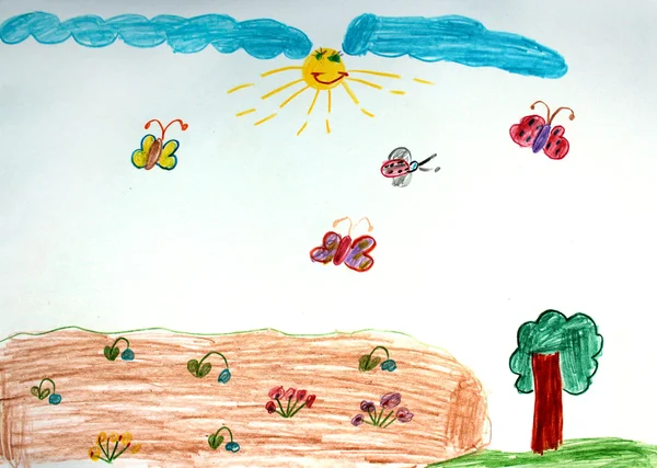 Disegno per bambini con molti fiori sul letto — Foto Stock