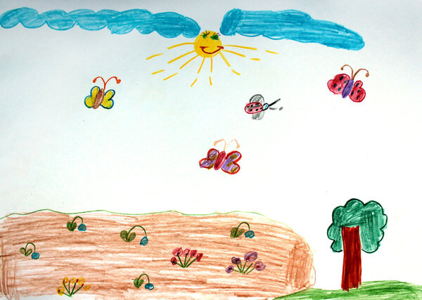 children 's drawing with many flowers on the bed
