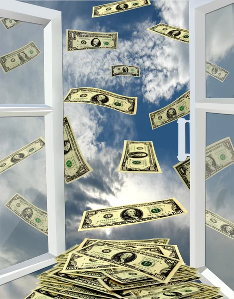 Fenster zum Himmel und Dollars fliegen weg — Stockfoto