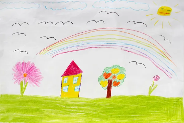 Dibujo infantil de casas y arco iris — Foto de Stock