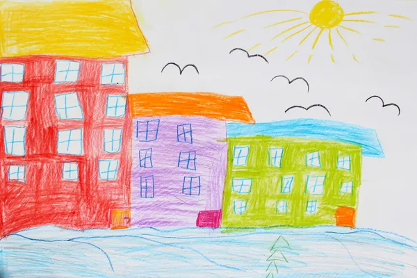 Children's drawing of houses and birds — Stock Photo, Image