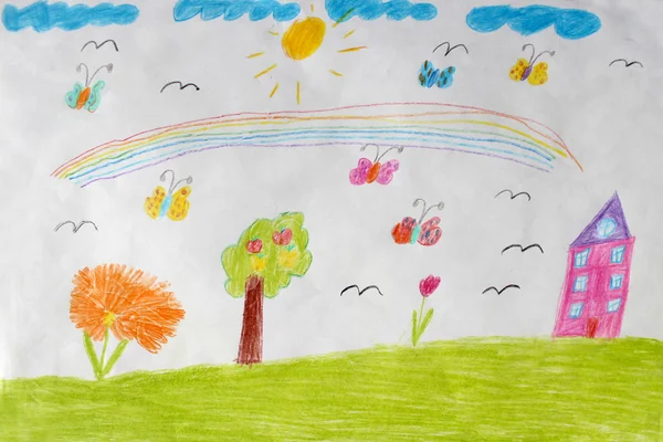 Disegno da bambini di casa, fiori e arcobaleno — Foto Stock