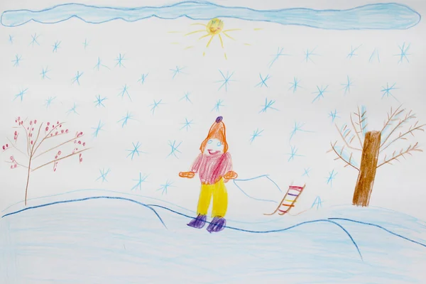 Barnens ritning av skidåkare — Stockfoto