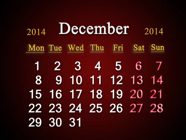 Calendar for the December of 2014 — Stock Photo, Image