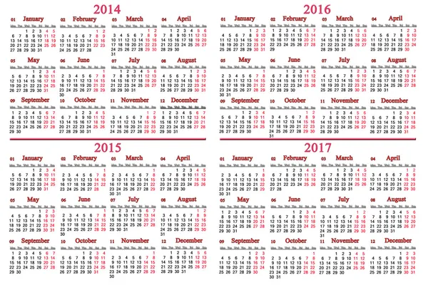 Calendario habitual para 2014 - 2017 años — Foto de Stock