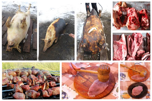 Proceso en el que la carne pasa del sacrificio al plato fresco — Foto de Stock