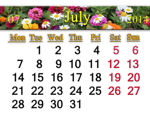 Calendar for the July of 2014 with flowers — Stock Photo, Image