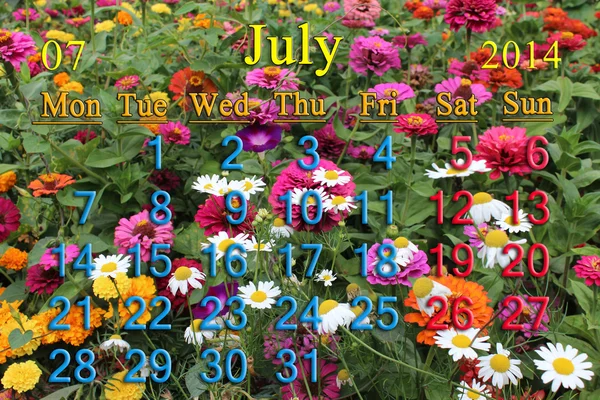 Calendario per il luglio 2014 con fiori — Foto Stock