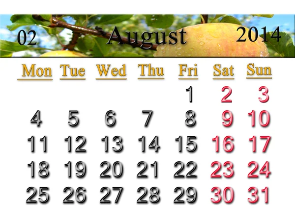 Calendar for the August of 2014 year with apples — Stock Photo, Image