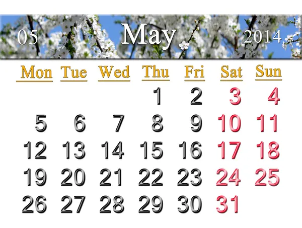 Calendar for May of 2014 year with branch of blossoming cherry — Stock Photo, Image