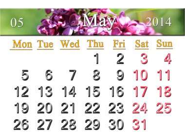 Lila ile 2014 yılın Mayıs için takvim