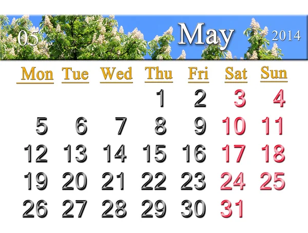 Calendar for May of 2014 with crowns of chestnut — Stock Photo, Image