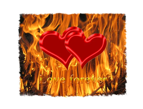 Pair of red symbolic hearts in the flame — Stock Photo, Image