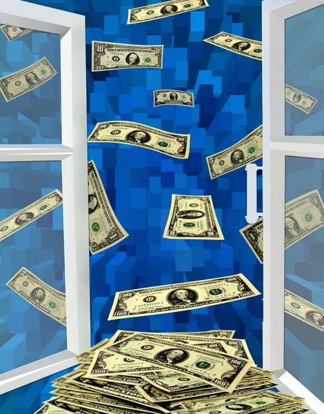 Dollar fliegen aus geöffnetem Fenster weg — Stockfoto