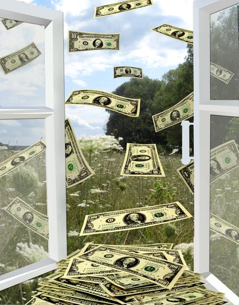 Dollar fliegen aus geöffnetem Fenster weg — Stockfoto