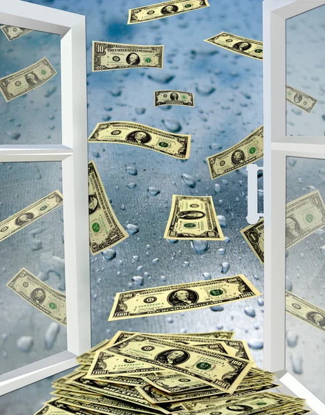 Fenster mit Wassertropfen und Dollars geöffnet — Stockfoto