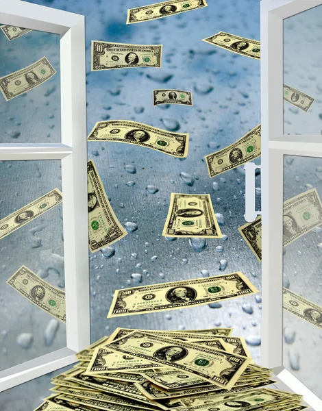 Opened window with drops of water and dollars — Stock Image Opened window with drops of water and dollars Royalty Free Stock Images