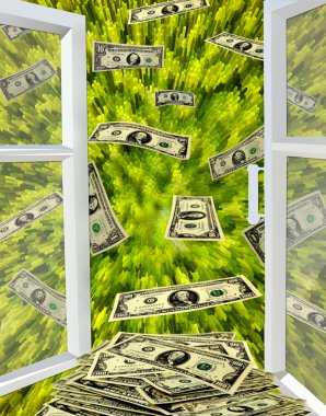 Yeşil soyutlama ve dolar uçup açılan pencere