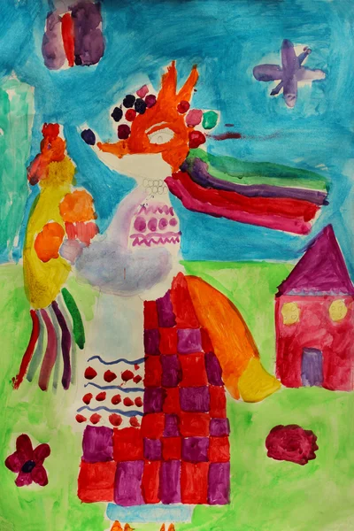 Children's drawing with fox in Ukrainian clothes — Stock Photo, Image