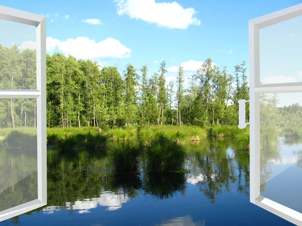 Opened window to the summer field — Stock Photo, Image