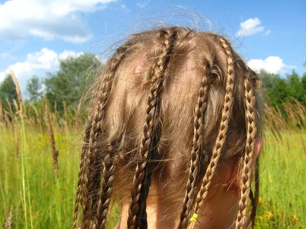 Bambina con un sacco di trecce — Foto Stock