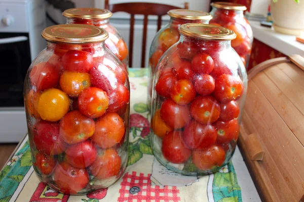 Kavanozlardaki domatesler korunmaya hazır. — Stok fotoğraf