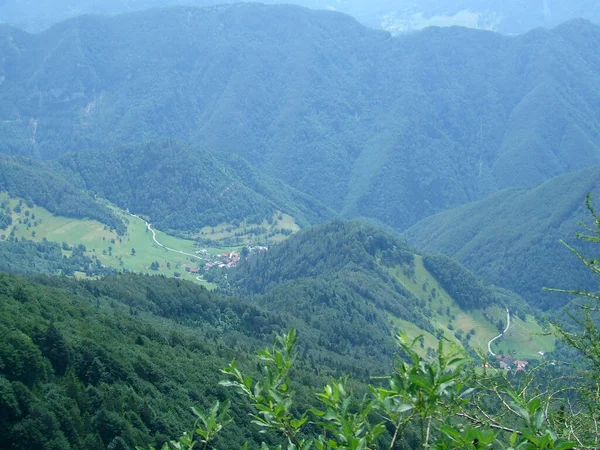 山地景观 山区的铁路运输 绿树成荫的山景 山谷之间的山 山区全景 — 图库照片