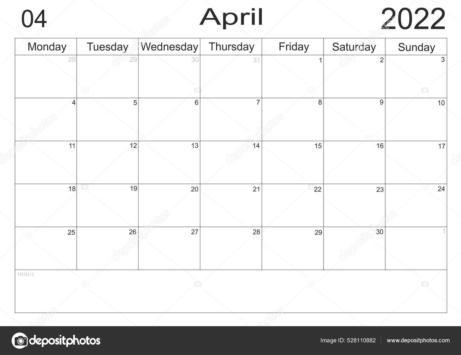 Kalender April 20 Mit Leerer Notiz Für Die Liste Auf ...