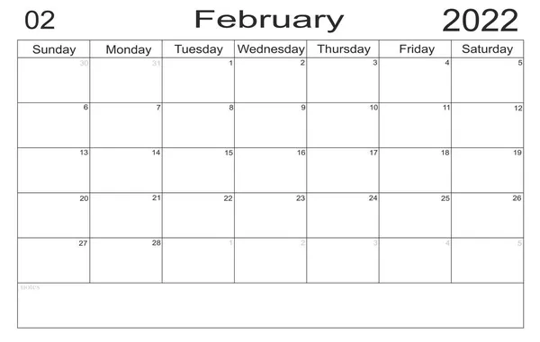 2022年2月的日程表 附有空白便条 用于在纸面背景上做列表 2022年2月 计划员的空牢房 每月组织者 2022日历 — 图库照片