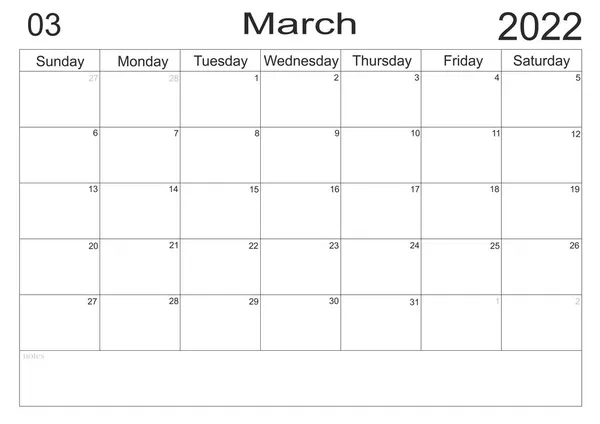 カレンダー2022年3月紙の背景にリストを行うための空白のメモを持つスケジュール 2022年3月計画 プランナーの空のセル 毎月の主催者 2022年カレンダー リストを行うには書式 — ストック写真