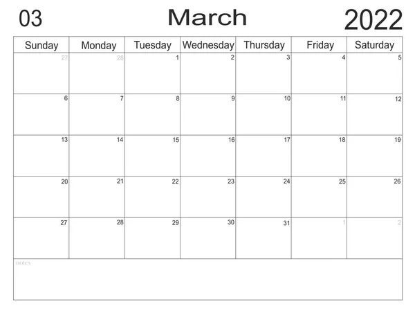 2022年3月的日程表 附有空白便条 用于在纸面背景上做列表 2022年3月 计划员的空牢房 每月组织者 2022日历 — 图库照片