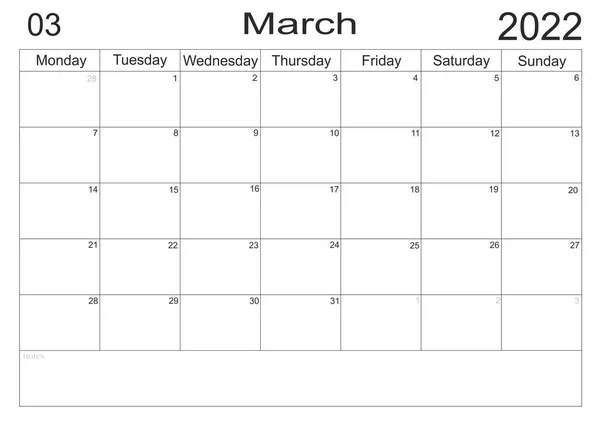 カレンダー2022年3月紙の背景にリストを行うための空白のメモを持つスケジュール 2022年3月計画 プランナーの空のセル 毎月の主催者 2022年カレンダー リストを行うには — ストック写真
