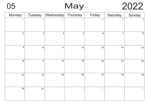 Calendario Mayo 2022 Horario Con Nota Blanco Para Hacer Lista — Foto de Stock