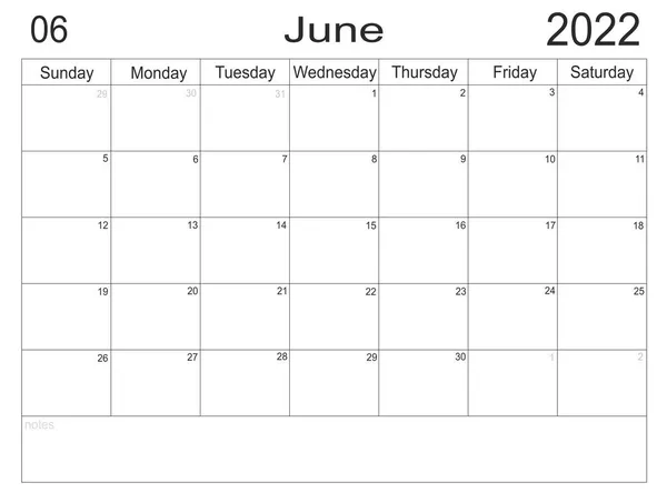 カレンダー2022年6月紙の背景にリストを行うための空白のメモを持つスケジュール 2022年6月 プランナーの空のセル 毎月の主催者 2022年カレンダー 日曜日のスタート 手紙のフォーマット — ストック写真