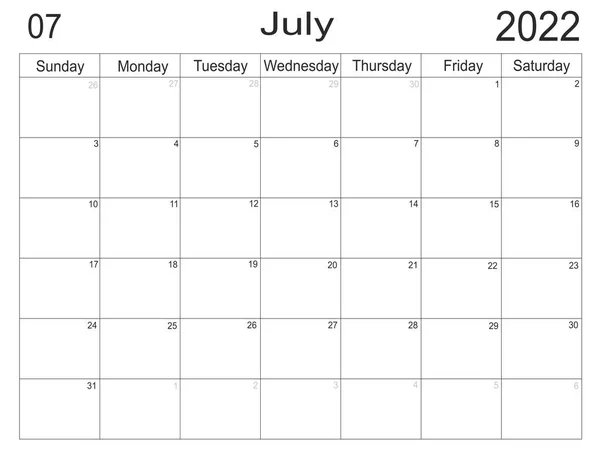 カレンダー2022年7月紙の背景にリストを行うための空白のメモを持つスケジュール 2022年7月 プランナーの空のセル 毎月の主催者 2022年カレンダー 日曜日のスタート 手紙のフォーマット — ストック写真