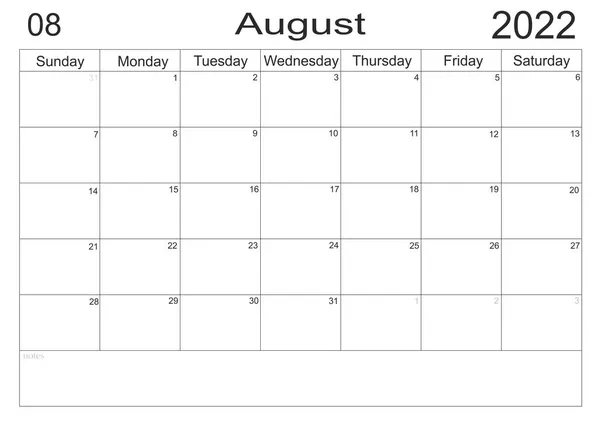 カレンダー2022年8月紙の背景にリストを行うための空白のメモを持つスケジュール 2022年8月 プランナーの空のセル 毎月の主催者 2022年カレンダー 日曜日スタート — ストック写真