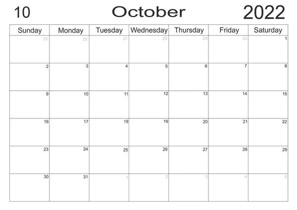 カレンダー2022年10月紙の背景にリストを行うための空白のメモを持つスケジュール 2022年10月 プランナーの空のセル 毎月の主催者 2022年カレンダー 日曜日スタート — ストック写真