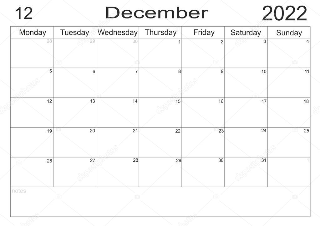 Calendar December 2021 schedule with blank note for to do list on paper background. Planner December 2021. Empty cells of planner. Monthly organizer. Calendar 2021
