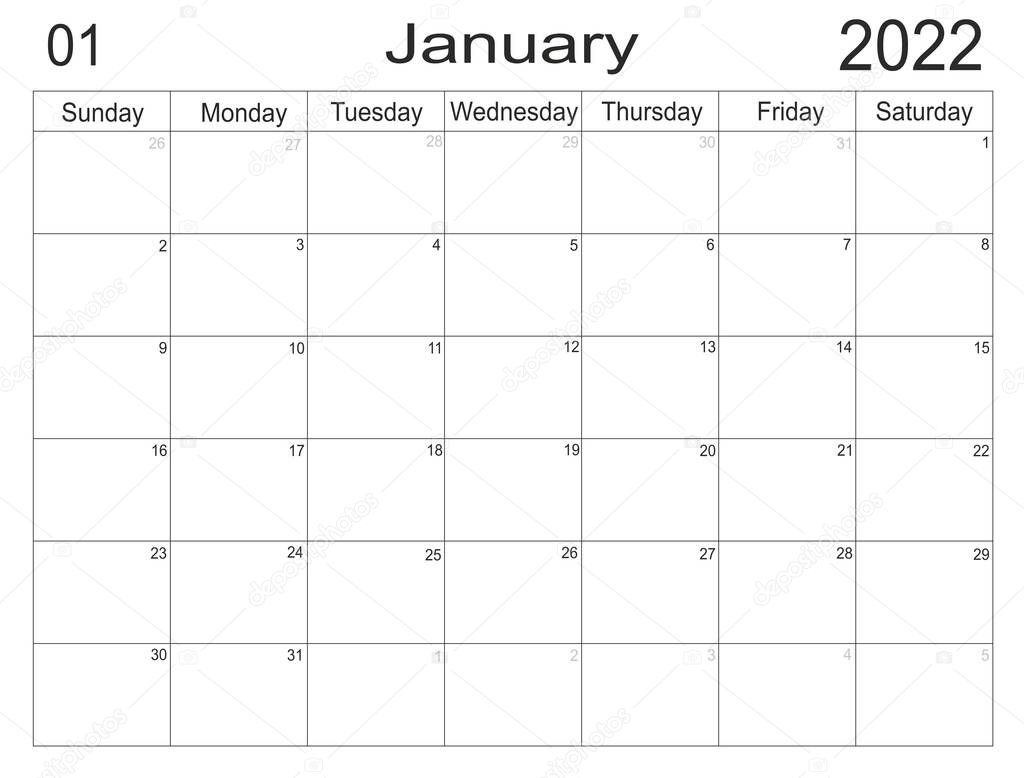 Calendar January 2022 schedule with blank note for to do list on paper background. Planner January 2022. Empty cells of planner. Monthly organizer. Calendar 2022